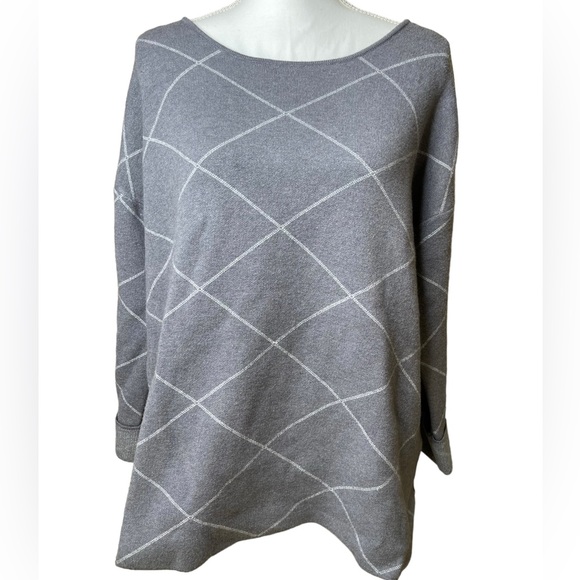 CYNTHIA ROWLEY: Diagonal, Grid Pullover Sweater, Size Small. Gray/White - Picture 2 of 6